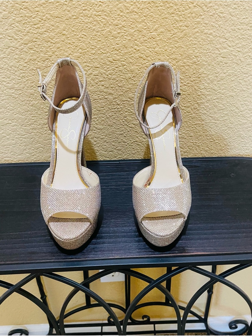 Jessica Simpson Gold Glitter Platform Ankle-Strap Sandals